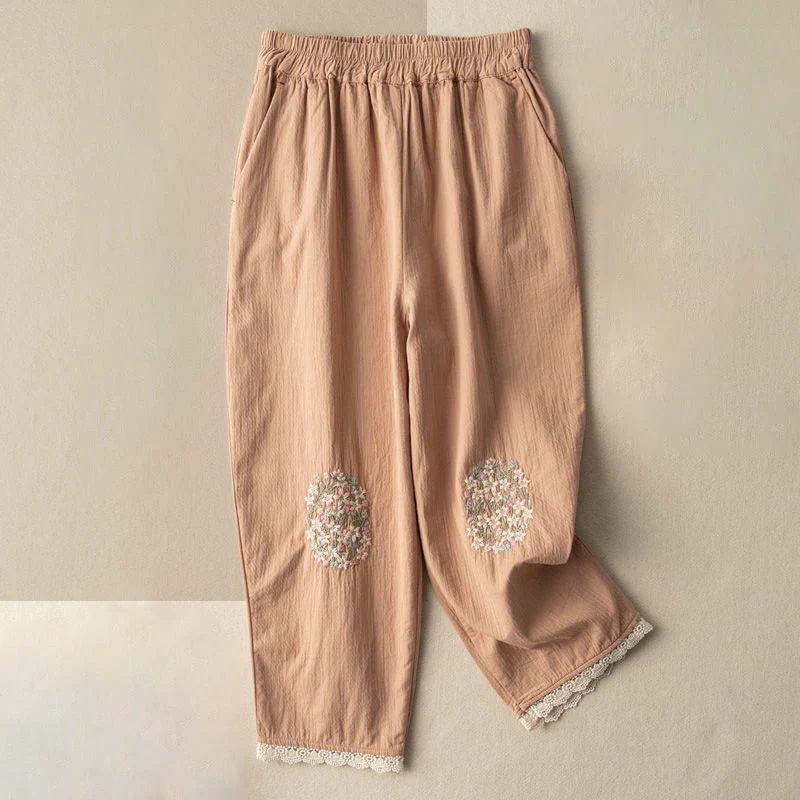Mocoer Casual Lace Trim Embroidered Cotton Harem Pants With Pockets - Mocoer