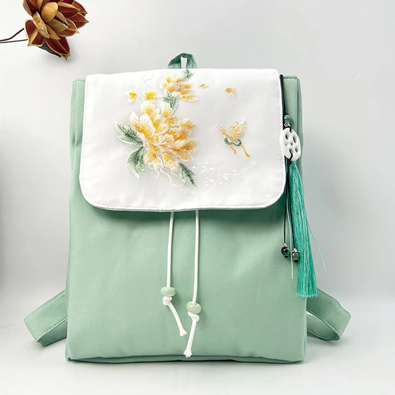 Mocoer Handmade Green Peony Flowers Embroidered Large Capacity Canvas Backpack - Mocoer