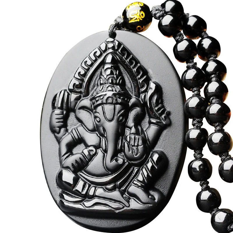 Mocoer Tibetan Obsidian Ganesh Ganpati Elephant Wealth Amulet Necklace - Mocoer
