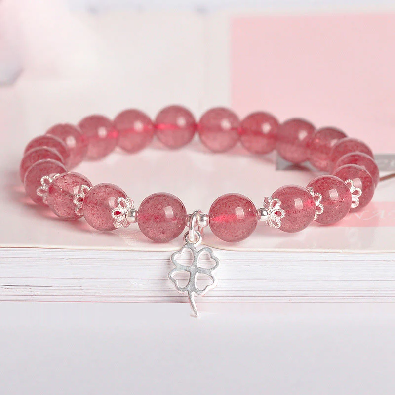 Mocoer 925 Sterling Silver Strawberry Quartz Four Leaf Clover Love Bracelet - Mocoer