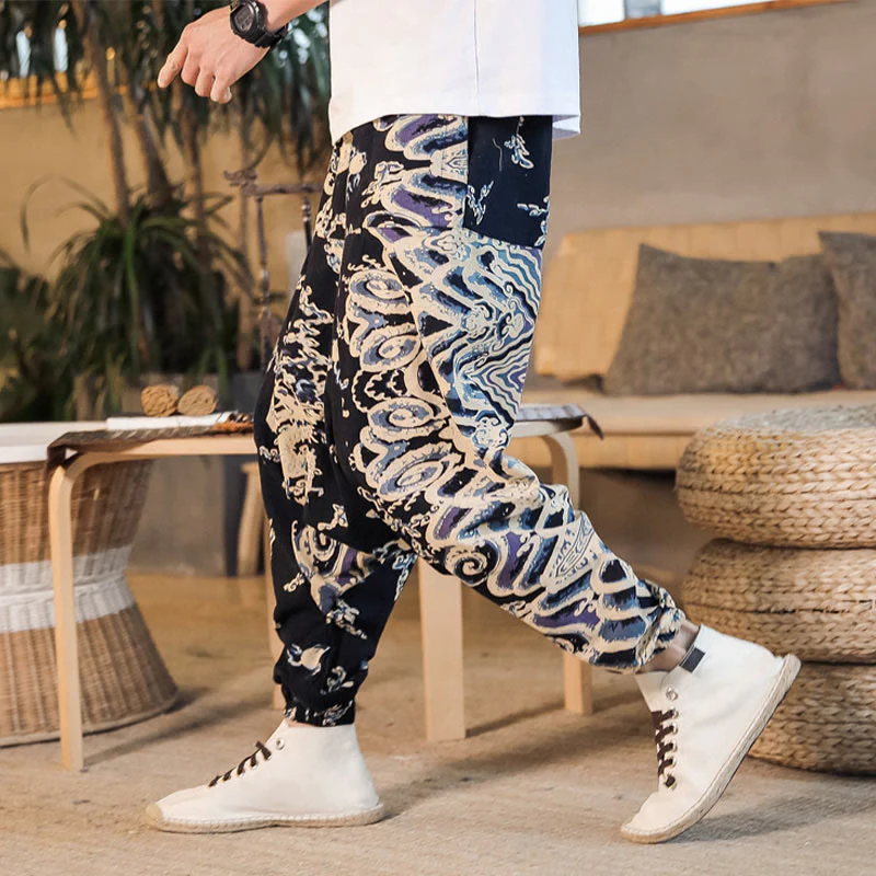 Mocoer Chinese Dragon Pattern Cotton Men's Harem Pants With Pockets - Mocoer