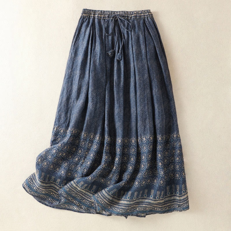 Mocoer Vintage Ethnic Floral Pattern Lined Drawstring Women's Cotton Linen Skirt With Pockets - Mocoer