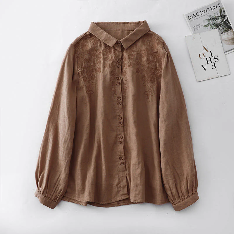 Mocoer Literary Artistic Flower Embroidery Lapel Cotton Linen Clothing - Mocoer