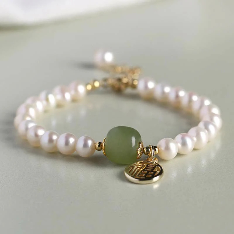 Mocoer Natural Pearl Hetian Jade Happiness Healing Bead Bracelet - Mocoer