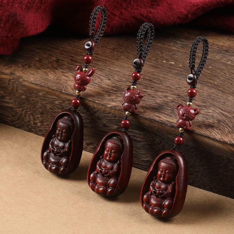Mocoer Small Leaf Red Sandalwood Buddha Cinnabar Chinese Zodiac Amulet Protection Key Chain - Mocoer