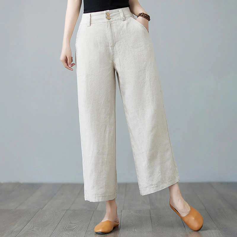 Mocoer Daily Solid Color Patchwork Simple Design Cotton Linen Women's Pants With Pockets - Mocoer
