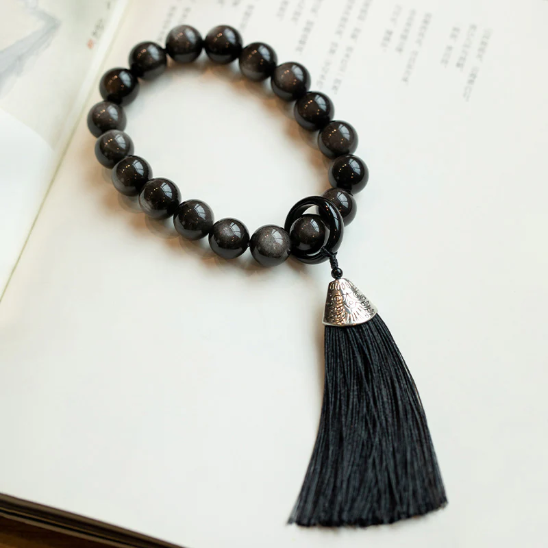 Mocoer Natural Silver Sheen Obsidian Black Obsidian Lion Wrist Mala Protection Tassels Pocket Mala Car Decoration - Mocoer