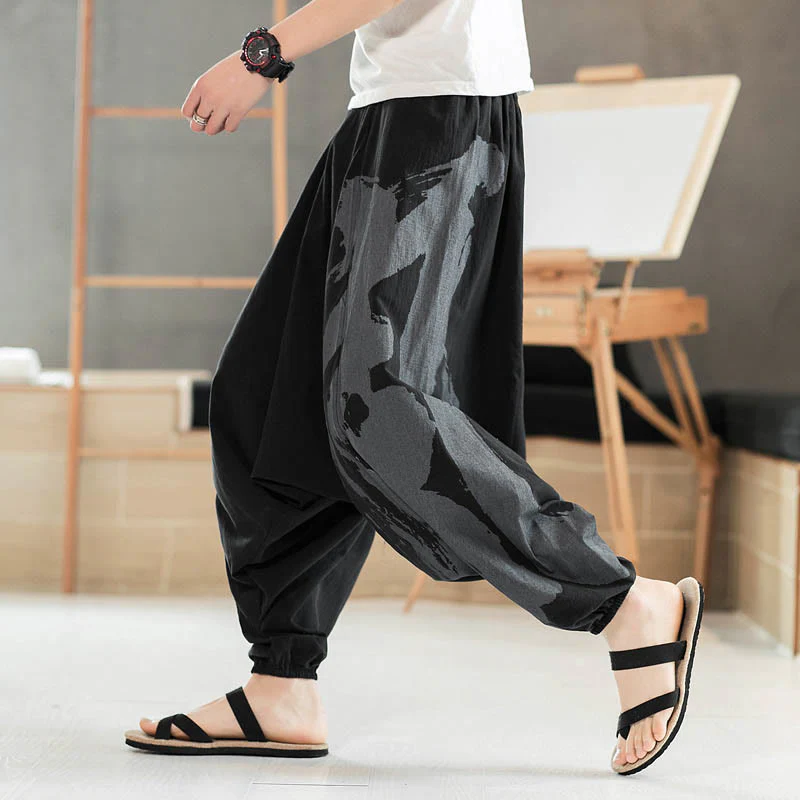 Mocoer Simple Summer Calligraphy Cotton Men's Harem Pants With Pockets - Mocoer