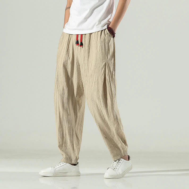 Mocoer Cotton Linen Men's Drawstring Harem Pants With Pockets - Mocoer
