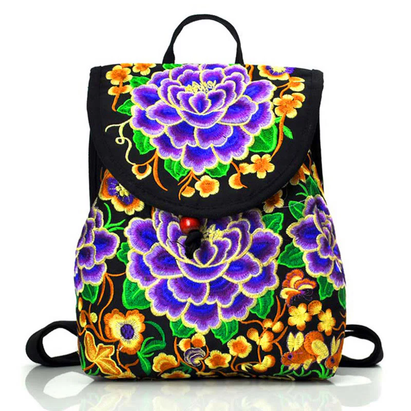 Mocoer Peony Chinese Money Tree Embroidery Canvas Backpack - Mocoer