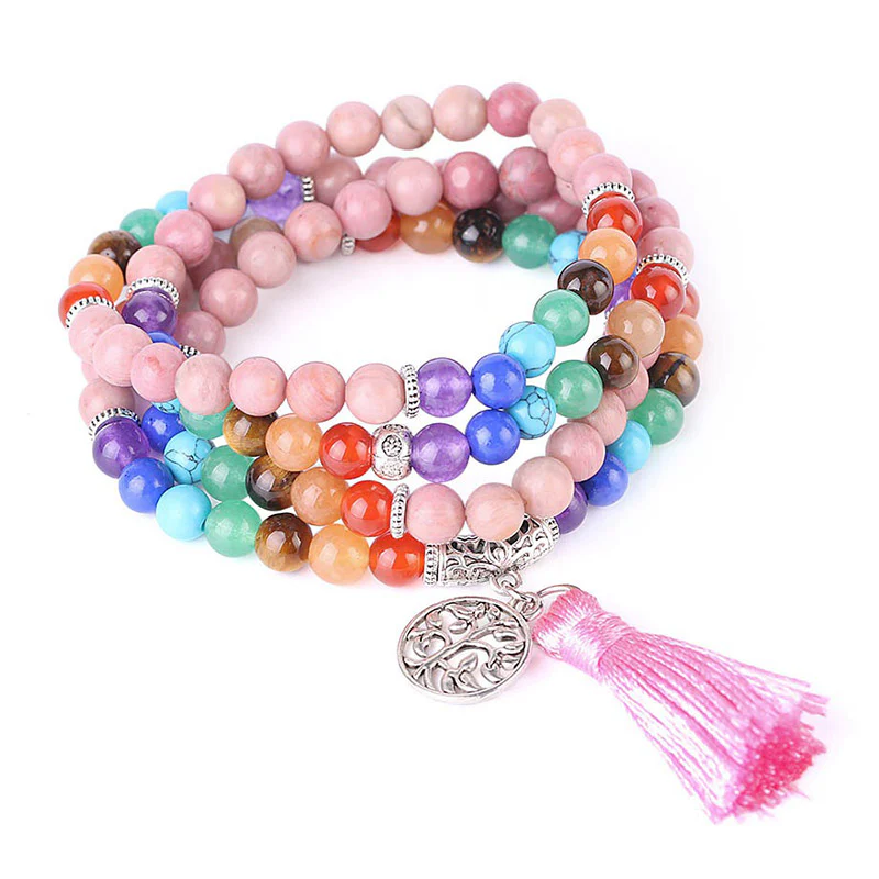 Mocoer 108 Mala Beads Rhodonite Blue Crystal Lazulite Healing Bracelet - Mocoer