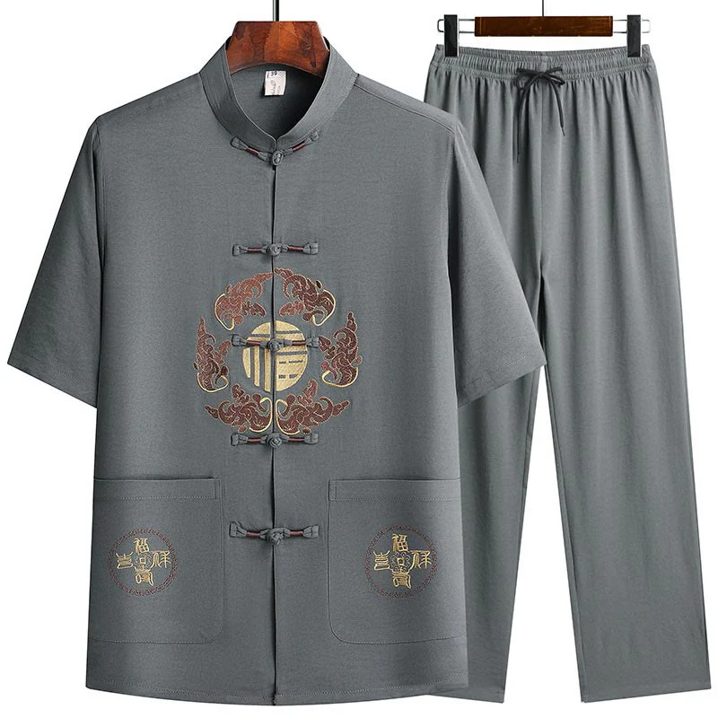 Mocoer Fu Character Tang Suit Hanfu Traditional Uniform Short Sleeve Top Pants Clothing Men's Set - Mocoer