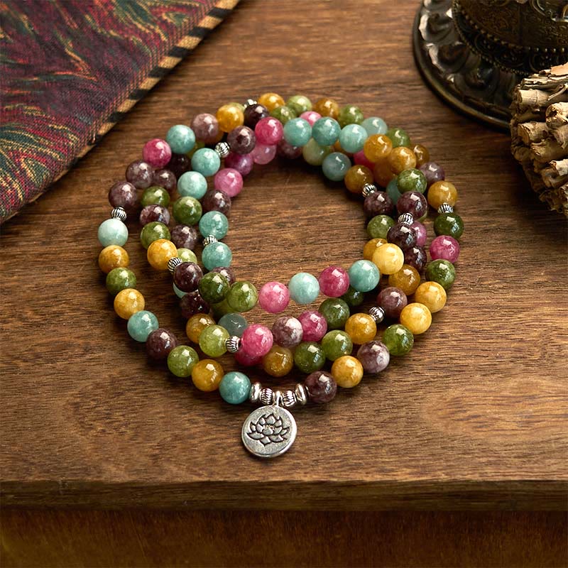 Mocoer 108 Mala Beads Multi-layer Natural Tourmaline Lotus Wisdom Bracelet - Mocoer