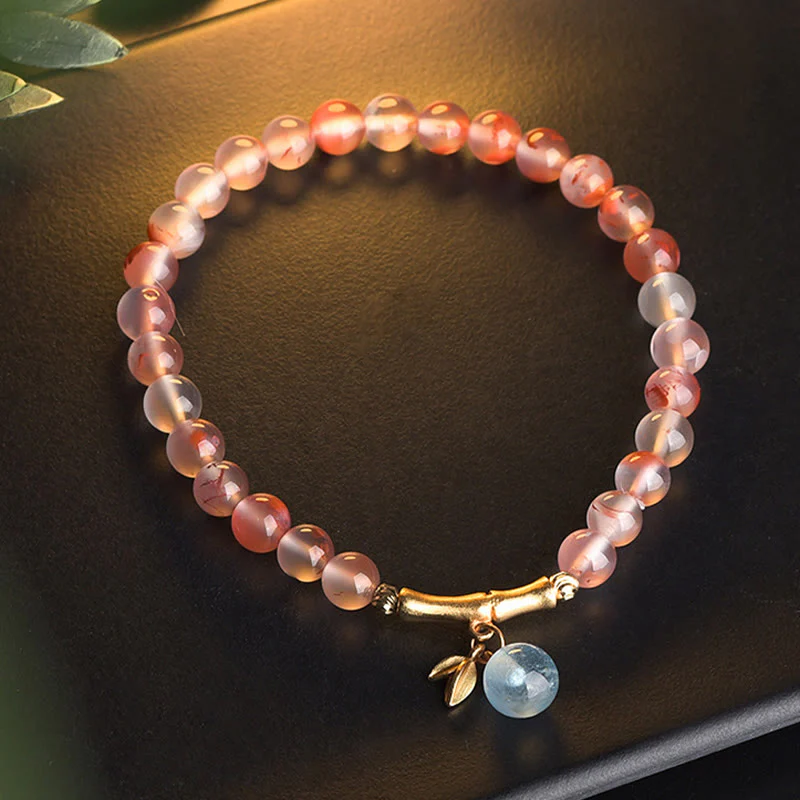 Mocoer South Red Agate Aquamarine Pearl Hetian Jade Bamboo Flower Fortune Bracelet - Mocoer