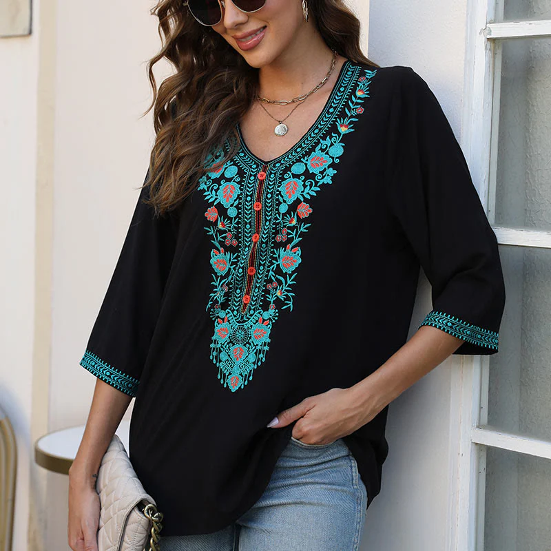 Mocoer Summer Casual Embroidery Flower Leaf Half Sleeve V-neck Cotton Women's T-Shirt - Mocoer