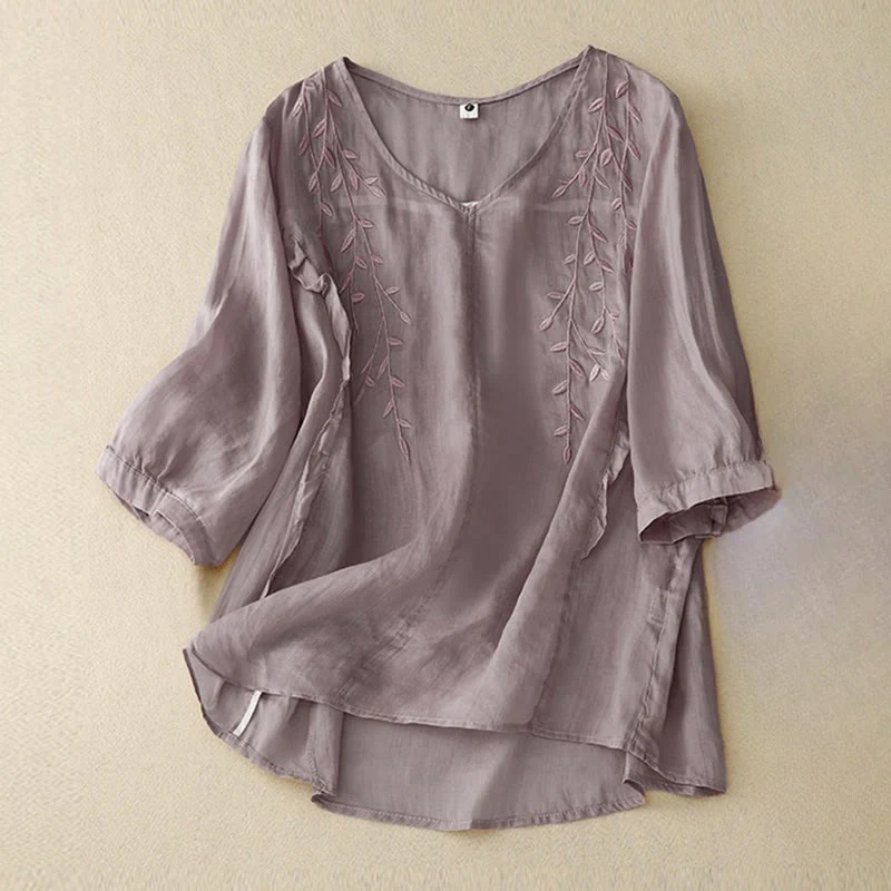 Mocoer Casual Plain Embroidery Willow Leaf Half Sleeve V-neck Women's Shirt - Mocoer