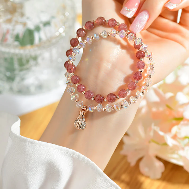 Mocoer Strawberry Quartz White Crystal Money Bag Charm Positive Bracelet - Mocoer