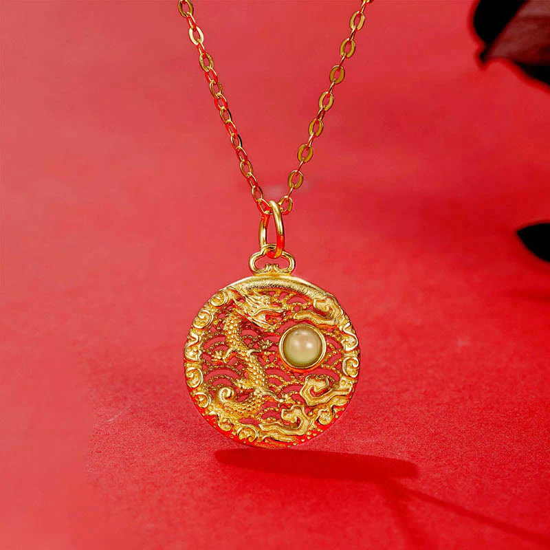 Mocoer 925 Sterling Silver Year Of The Dragon Auspicious Clouds Hetian Jade Inlaid Luck Necklace Pendant - Mocoer