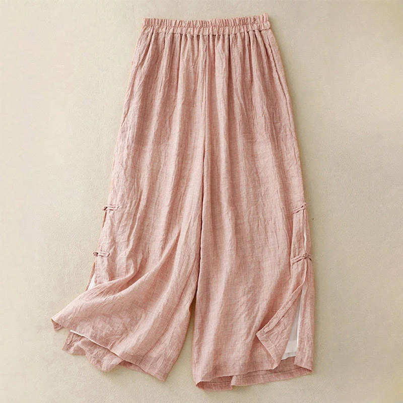 Mocoer Casual Plain Color Chinese Frog Button Cotton Linen Women's Wide Leg Pants - Mocoer