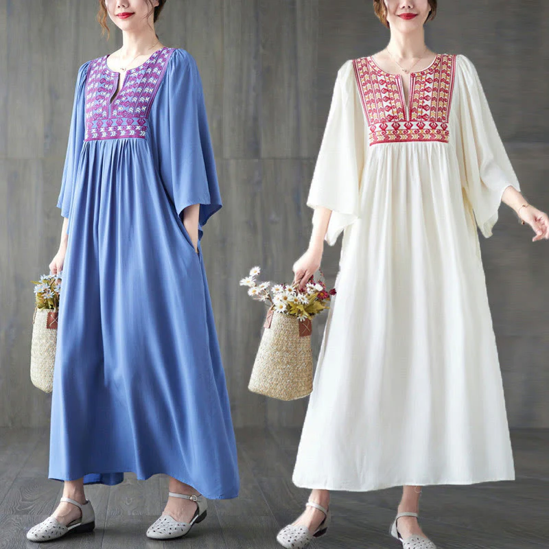 Mocoer Embroidery Notched Ruffled Hem Midi Dress With Pockets - Mocoer