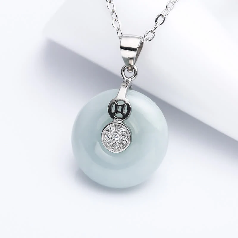 Mocoer 925 Sterling Silver Peace Buckle Jade Coin Luck Necklace Pendant - Mocoer