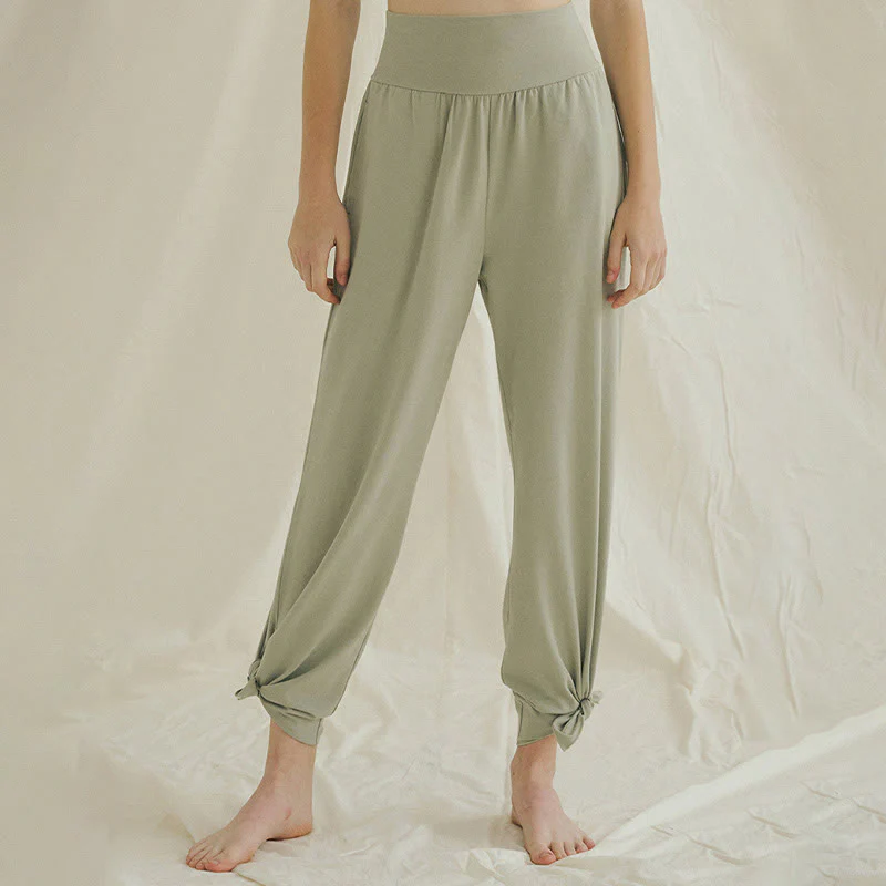 Mocoer Casual Loose Tie-down Hem Plain High Waist Women's Leica Pants With Pockets - Mocoer