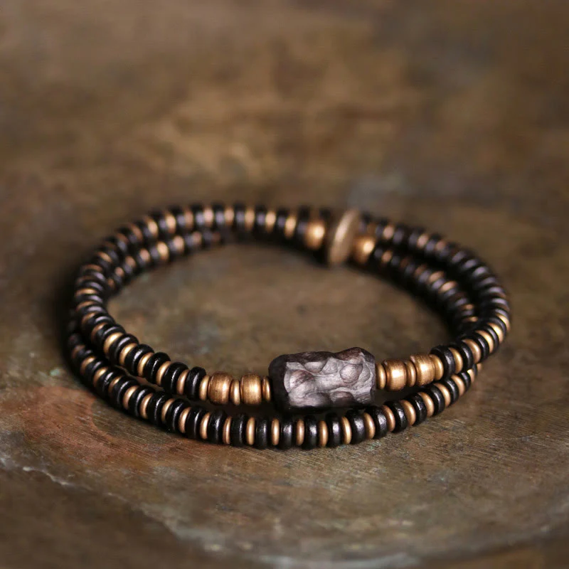 Mocoer Ebony Wood Green Sandalwood Copper Brass Calm Double Wrap Bracelet - Mocoer