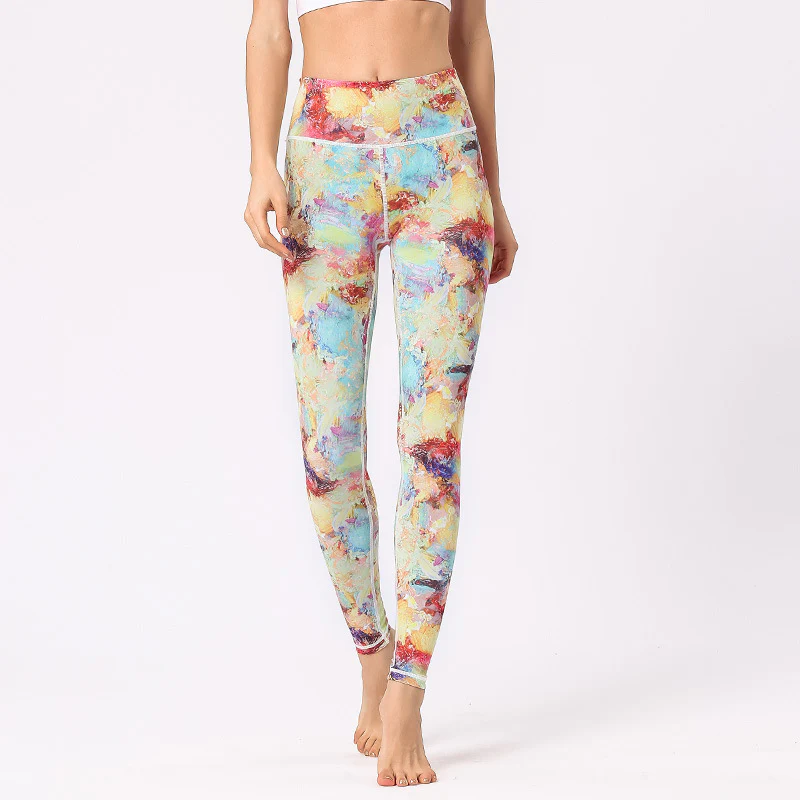 Mocoer Multicolored Print Flowers Pants Sports Exercise Fitness High Waist Leggings Women's Yoga Pants - Mocoer
