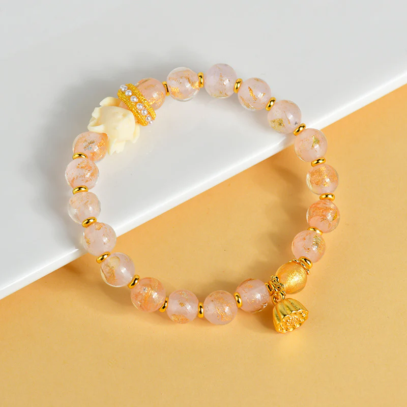 Mocoer Tibetan Incense Ash Liuli Glass Bead Lucky Nine Tailed Fox Lotus Charm Bracelet - Mocoer