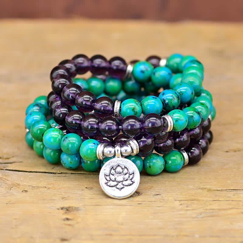 Mocoer Amethyst Green Aventurine Spiritual Lotus Charm Bracelet - Mocoer