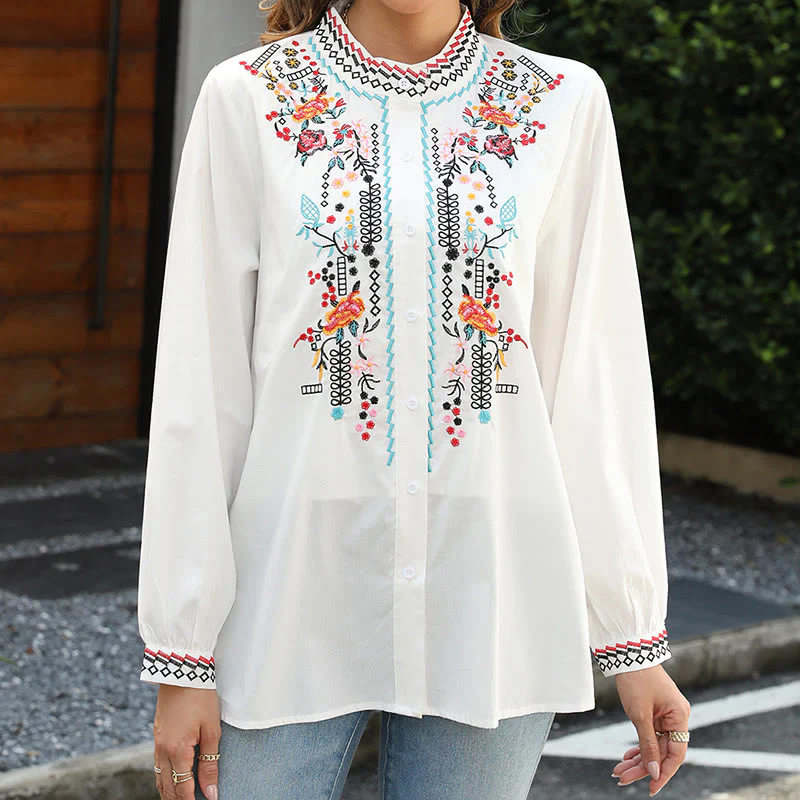 Mocoer White Casual Embroidery Plants Flower Pattern Button Stand Collar Cotton Women's Shirt - Mocoer