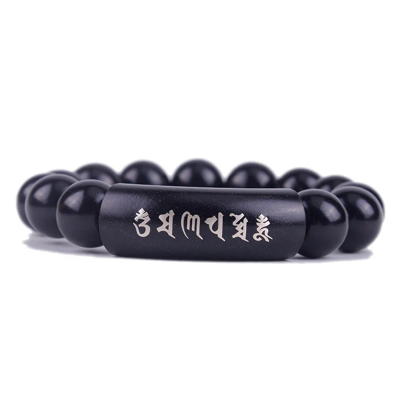 Mocoer 999 Sterling Silver Ebony Wood Om Mani Padme Hum Inlaid Balance Bracelet - Mocoer