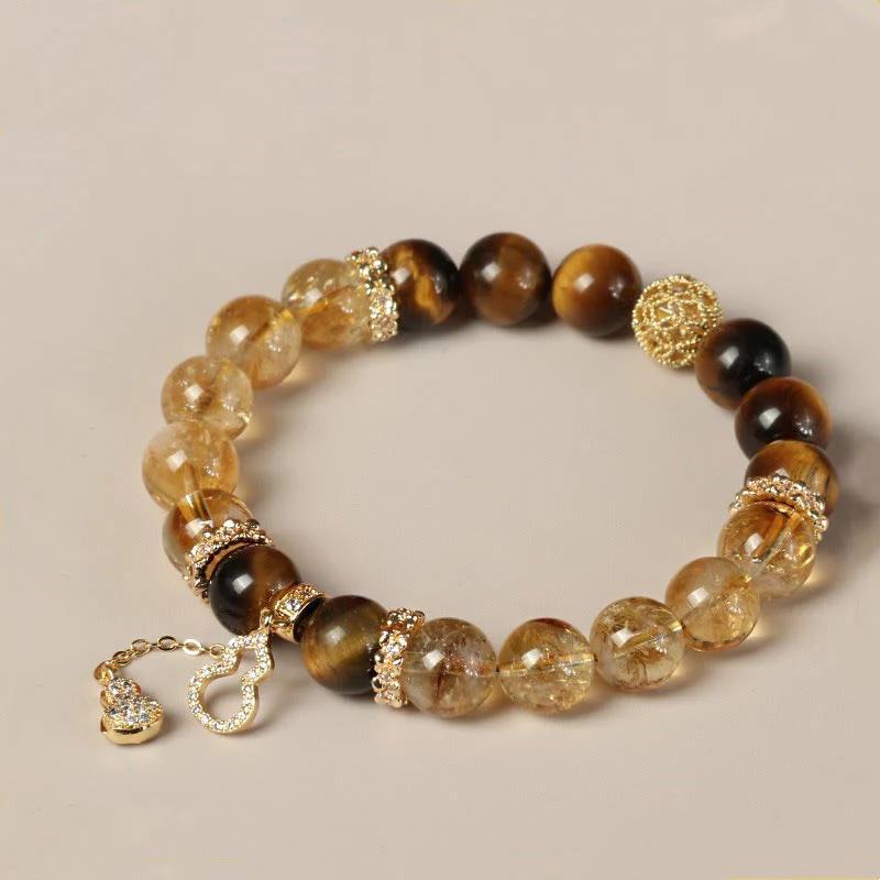 Mocoer Natural Tiger Eye Citrine Beads Fortune Gourd Strength Bracelet - Mocoer