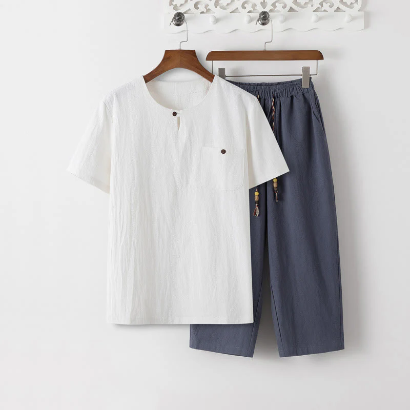 Mocoer Summer 2Pcs Plain Crew Neck T-Shirt Drawstring 7-8 Length Pants Cotton Linen Tang Suit Men's Meditation Cloth Set With Pockets - Mocoer