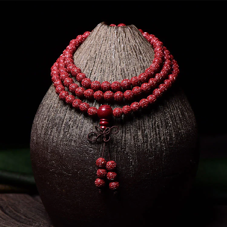 Mocoer 108 Mala Beads Cinnabar Om Mani Padme Hum Pattern Engraved Blessing Bracelet - Mocoer