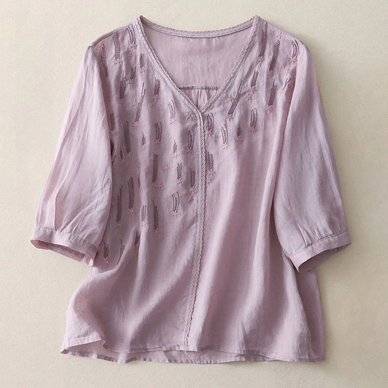 Mocoer Casual Shooting Star Embroidery V-Neck Half Sleeve Cotton Linen Women's Shirt - Mocoer