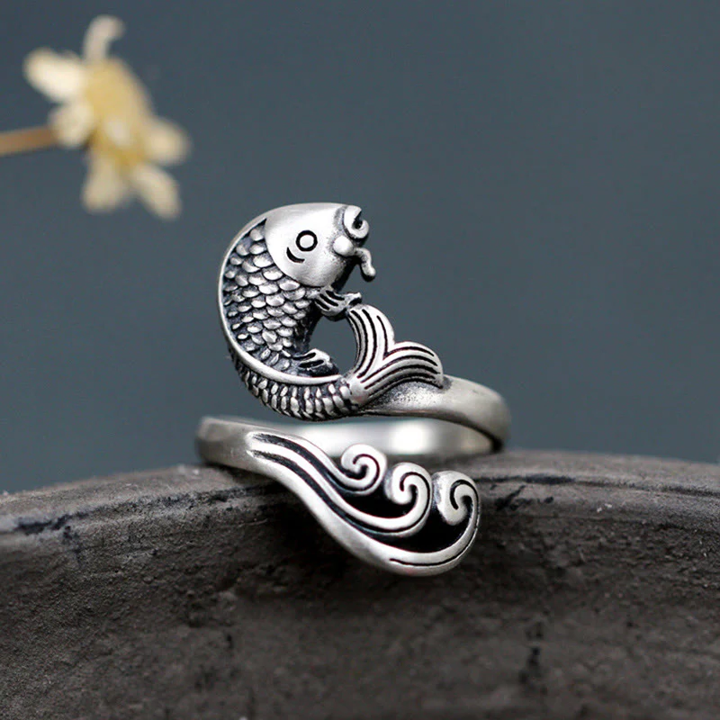 Mocoer 925 Sterling Silver Koi Fish Water Ripple Luck Wealth Ring - Mocoer