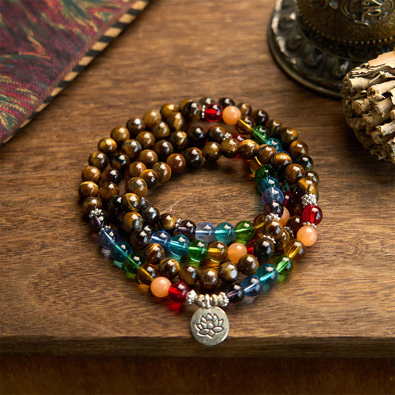Mocoer 108 Mala Beads Natural Stone Tiger Eye Colored Beads Lotus Protection Bracelet - Mocoer