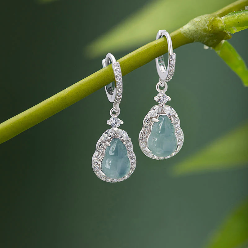 Mocoer 925 Sterling Silver Green Jade Gourd Abundance Drop Earrings - Mocoer