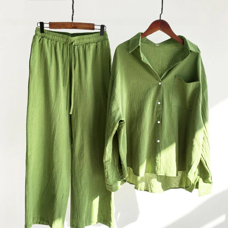 Mocoer 2Pcs Long Sleeve Shirt Top With Pockets Drawstring Pants Meditation Cotton Linen Clothing Women's Set - Mocoer