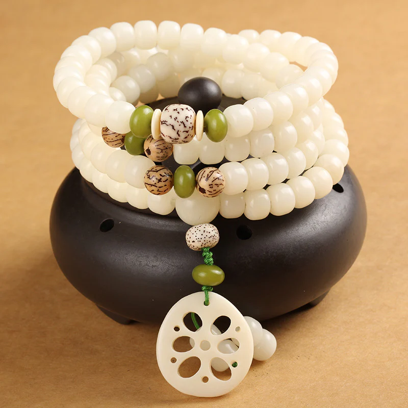 Mocoer White Bodhi Seed Mala 108 Beads Luck Bracelet - Mocoer