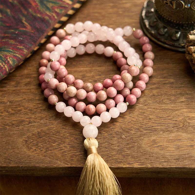 Mocoer 108 Mala Beads Rhodonite Rose Quartz Tassel Healing Bracelet - Mocoer
