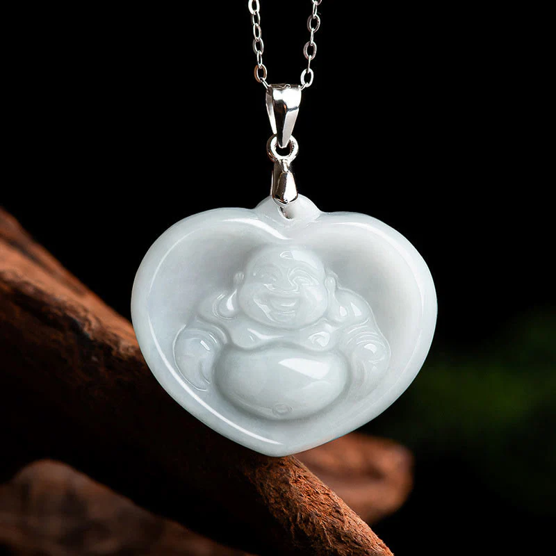 Mocoer 925 Sterling Silver Laughing Buddha White Jade Luck Blessing Necklace Pendant - Mocoer