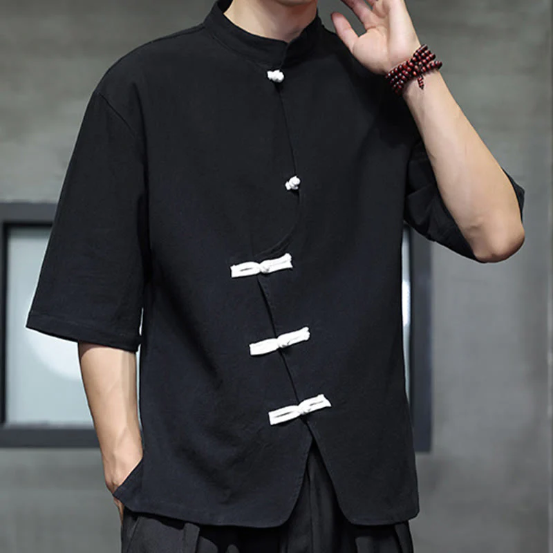 Mocoer Casual Plain Chinese Frog-Button Stand Collar Cotton Linen Men's Shirt - Mocoer