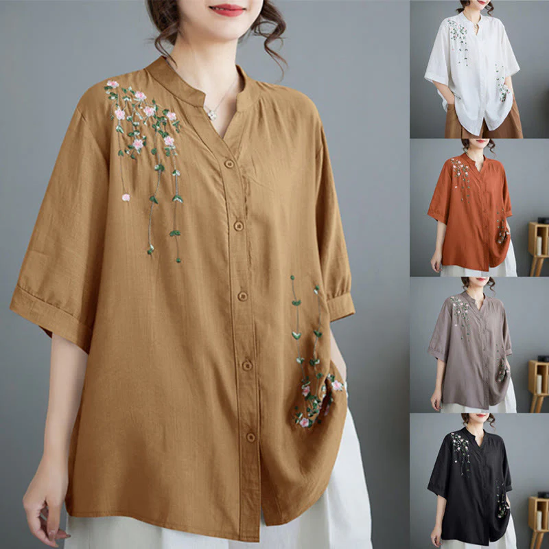 Mocoer Women's Button Down Flower Vines Embroidery Design Half Sleeve Cotton Shirt - Mocoer