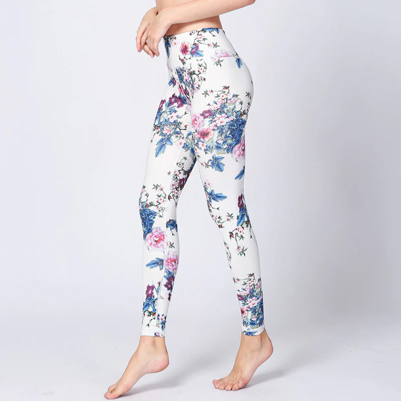 Mocoer Pink Flower White Colorful Ink White Print Leggings Sports Fitness Yoga Women's Pants - Mocoer