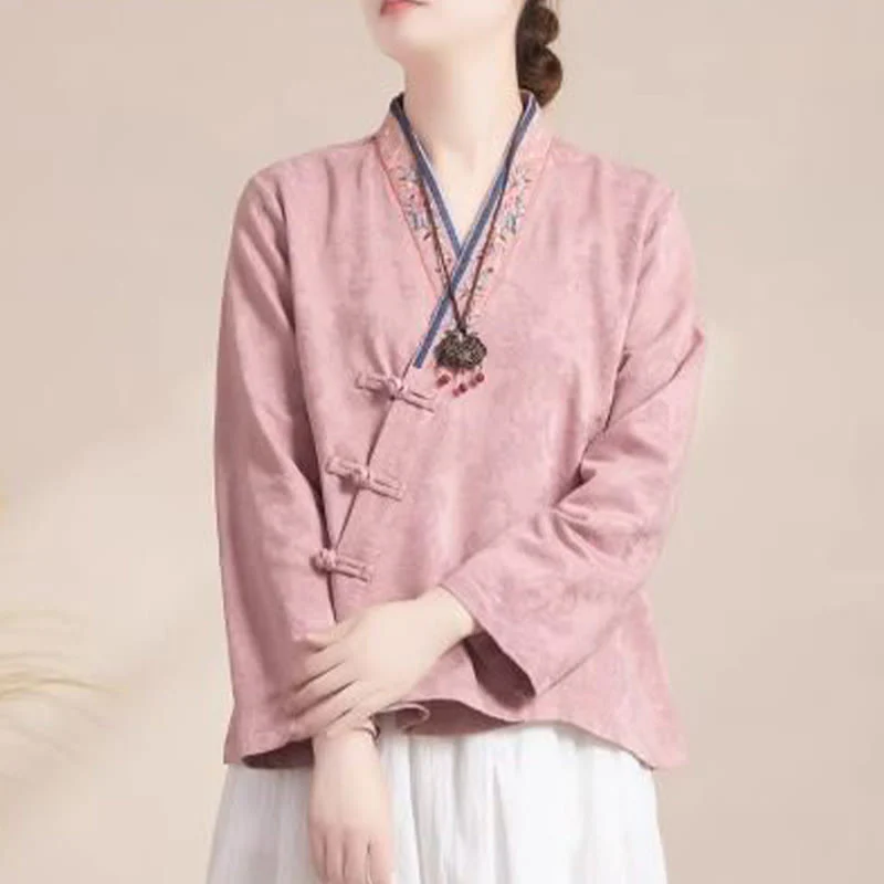 Mocoer Embroidered Flowers Grass Frog-Button Long Sleeve Cotton Women's Shirt - Mocoer
