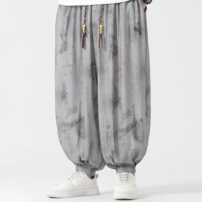 Mocoer Flower Sketch Braided Drawstring Linen Men's Pants With Pockets - Mocoer