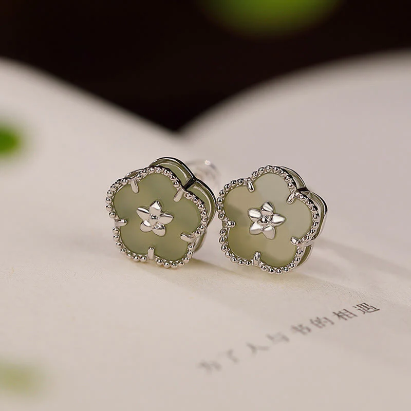Mocoer 925 Sterling Silver Hetian Jade Plum Flower Luck Stud Earrings - Mocoer