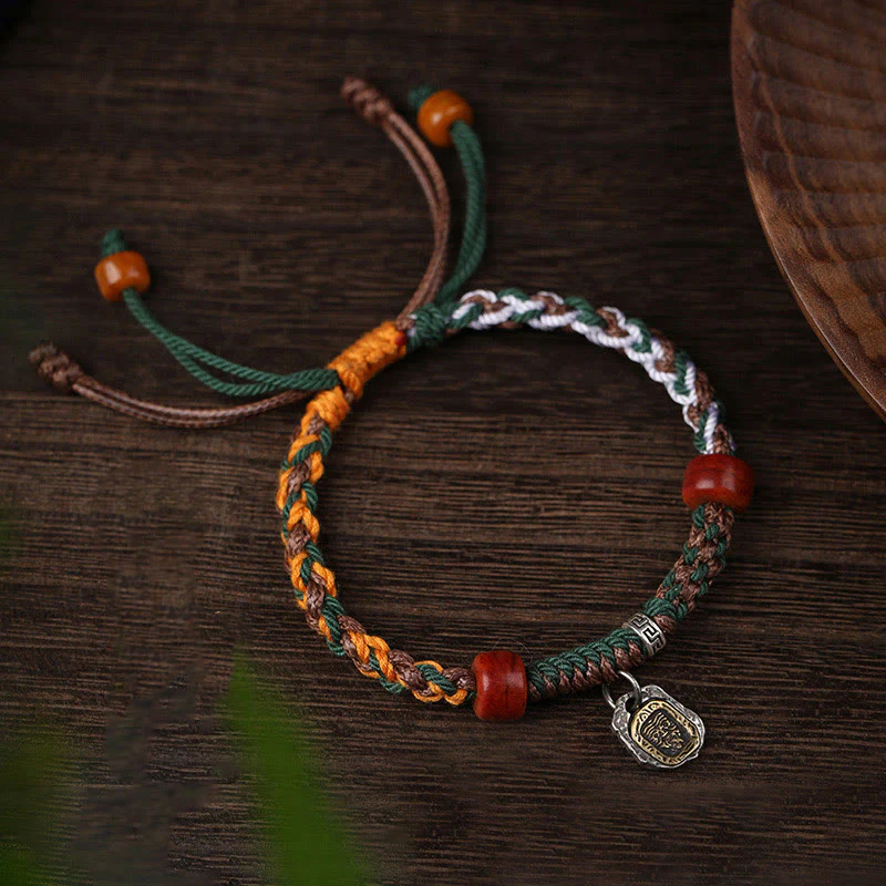 Mocoer Handmade Tibetan Silver 925 Sterling Silver Zakiram Goddess of Wealth Camel Bone Protection Braided Bracelet - Mocoer